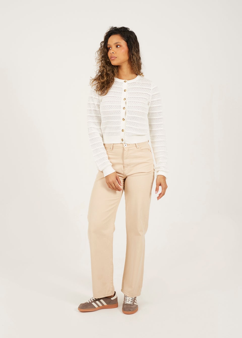 Brave Soul White Stitch Detail Crew Neck Cardigan