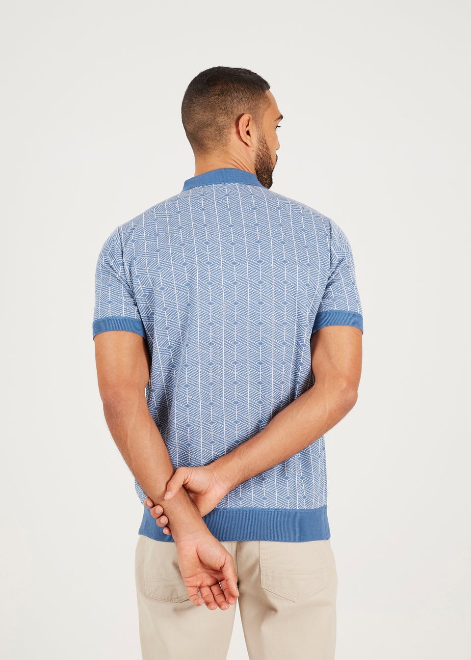 Brave Soul Blue Short Sleeve Jaquard Knitted Polo Shirt