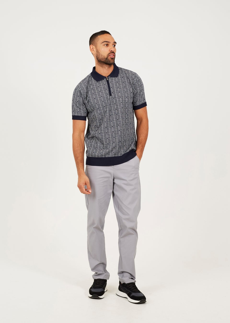 Brave Soul Navy Short Sleeve Jaquard Knitted Polo Shirt