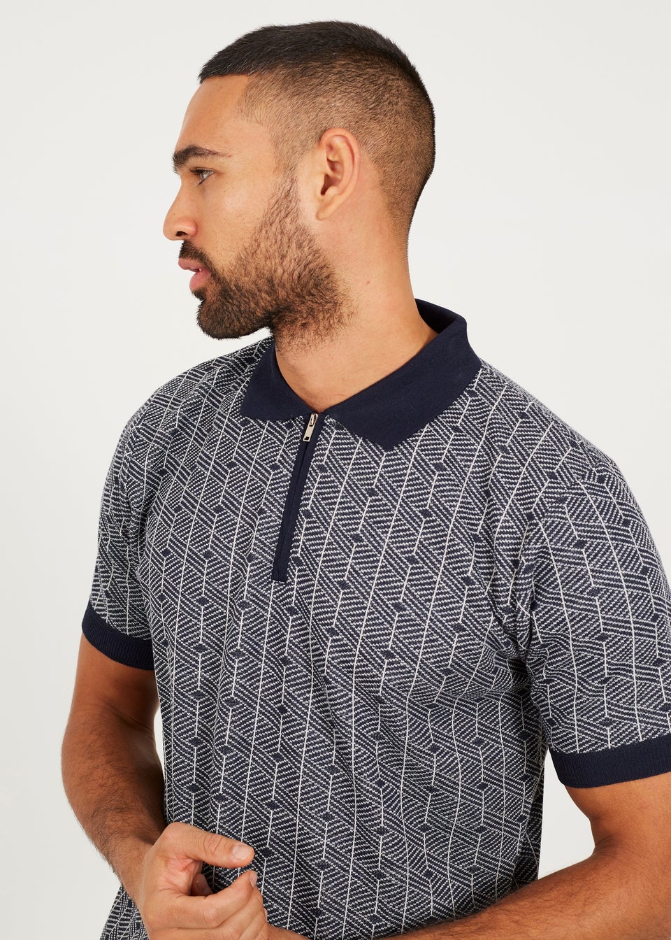 Brave Soul Navy Short Sleeve Jaquard Knitted Polo Shirt