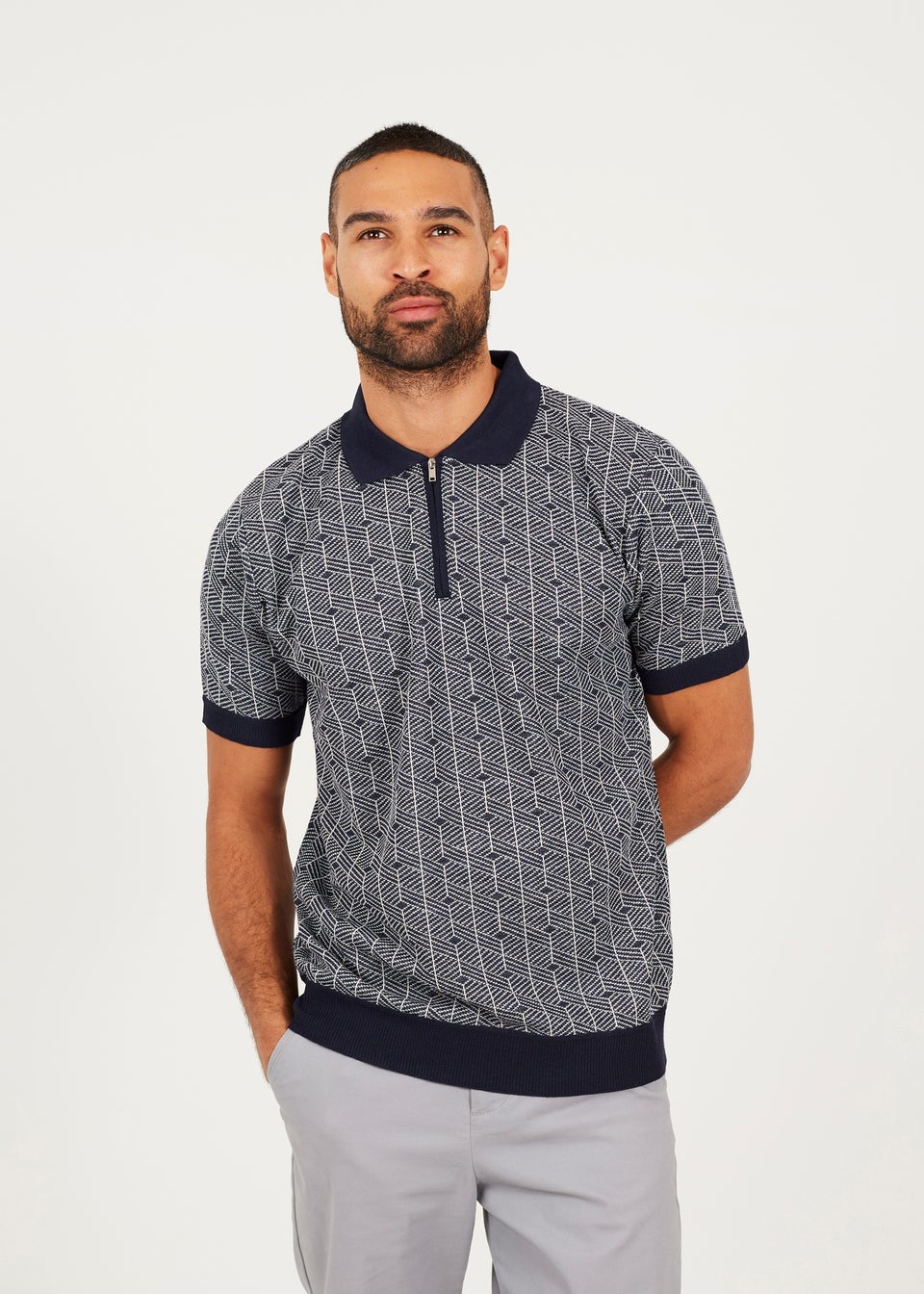 Brave Soul Navy Short Sleeve Jaquard Knitted Polo Shirt