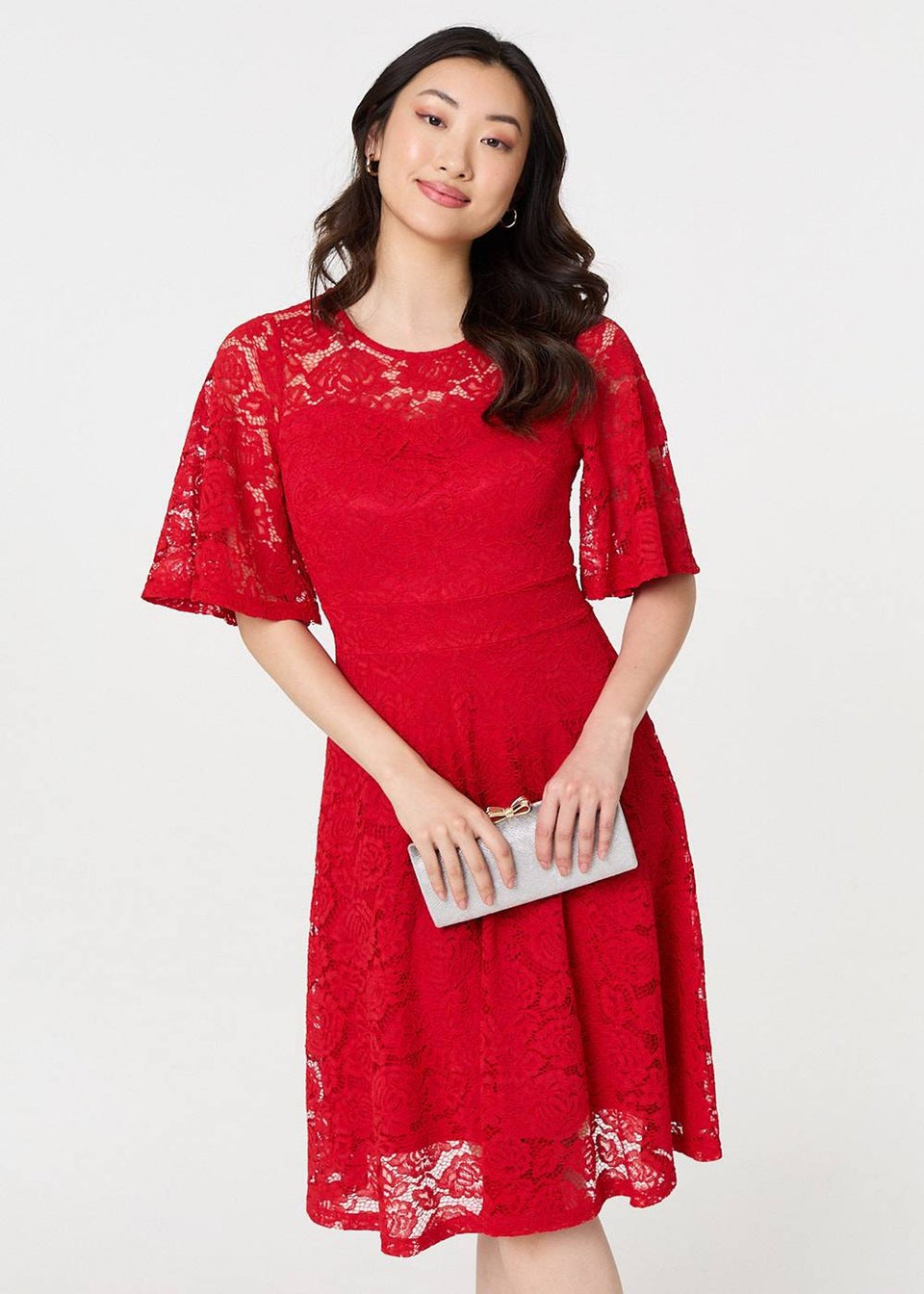 Izabel London Red Lace Overlay Knee Length Skater Dress