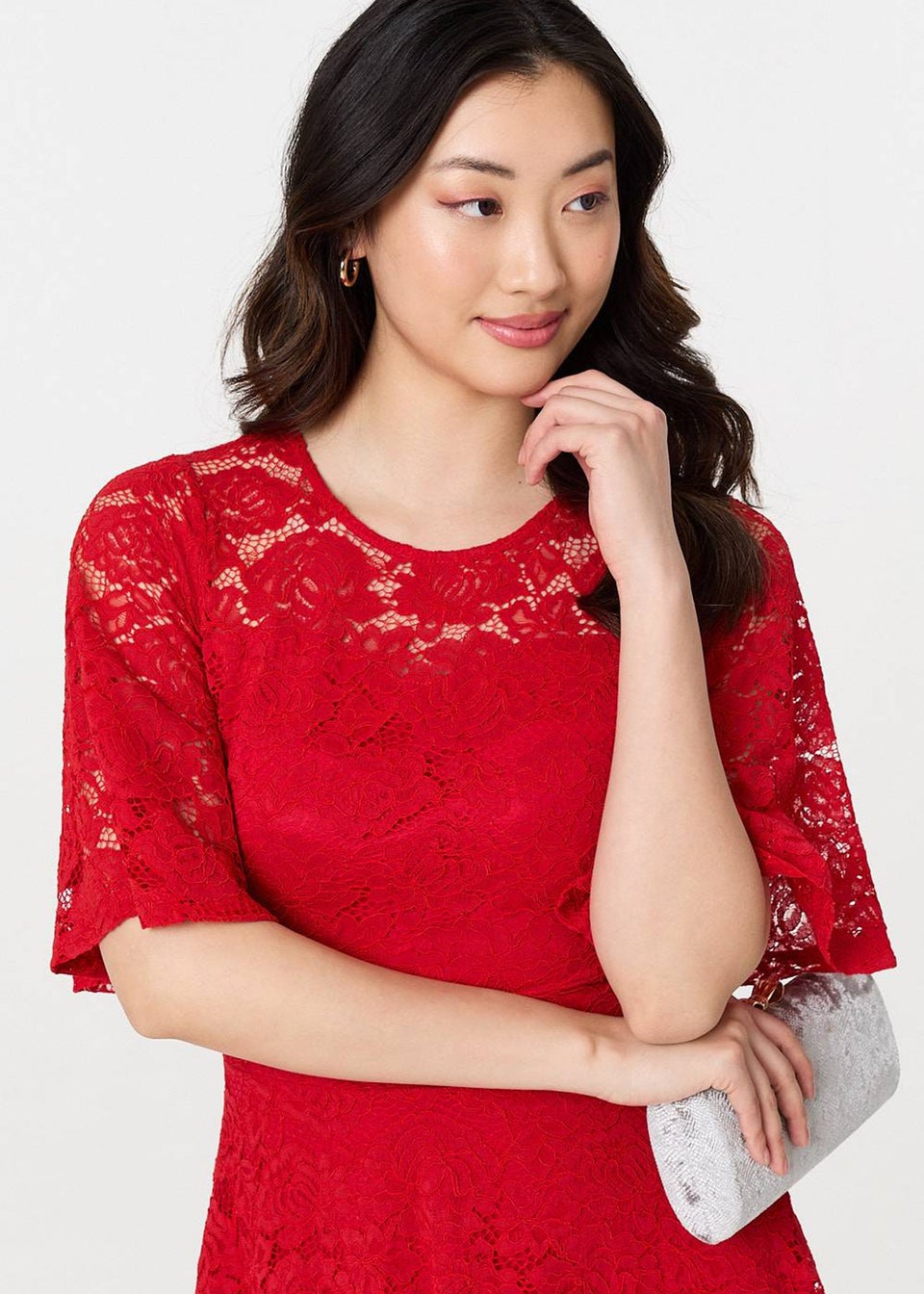 Izabel London Red Lace Overlay Knee Length Skater Dress