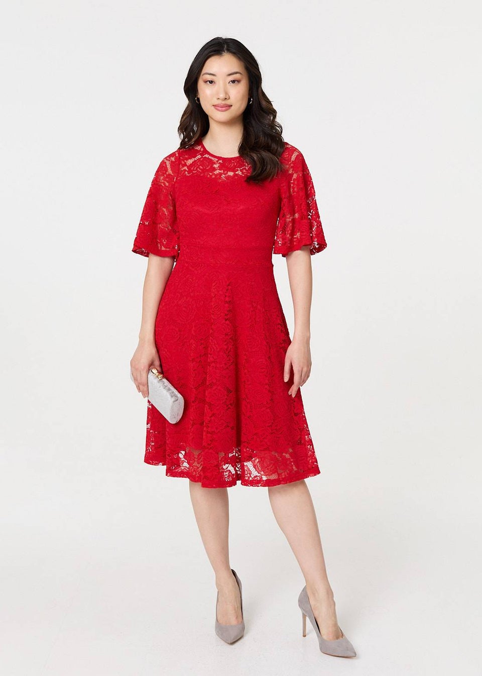 Izabel London Red Lace Overlay Knee Length Skater Dress