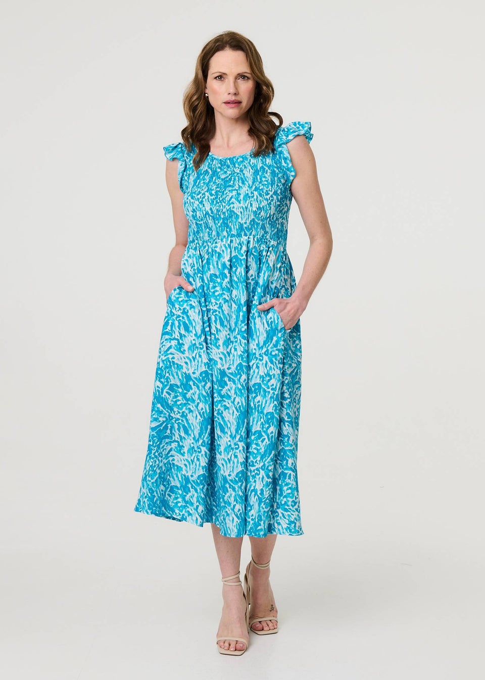 Izabel London Blue Floral Ruffled Cap Sleeve Midi Dress