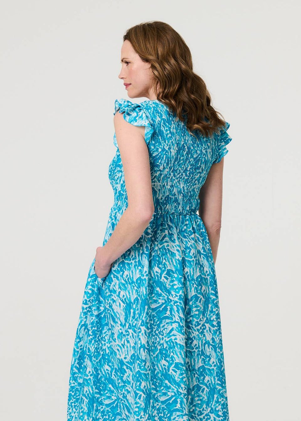 Izabel London Blue Floral Ruffled Cap Sleeve Midi Dress