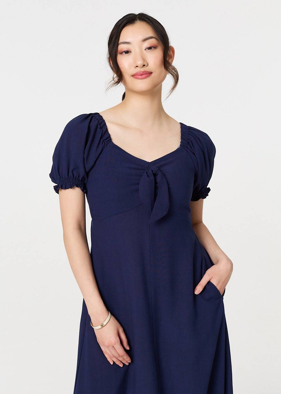 Izabel London Navy Tie Front Detail Midi Dress
