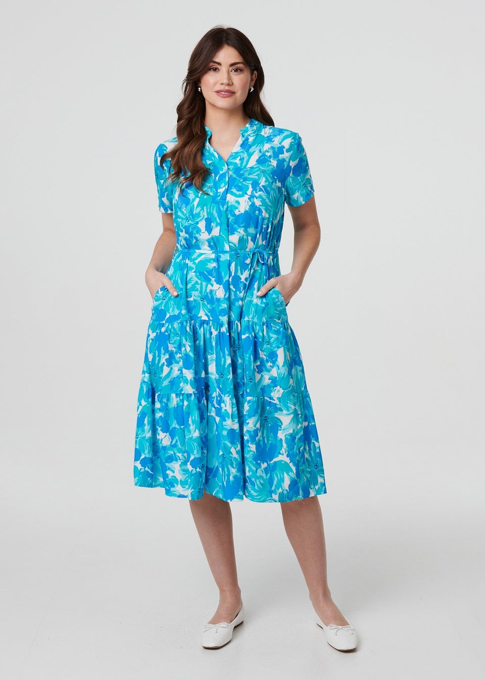 Izabel London Blue Printed Short Sleeve Tie Waist Midi Dress