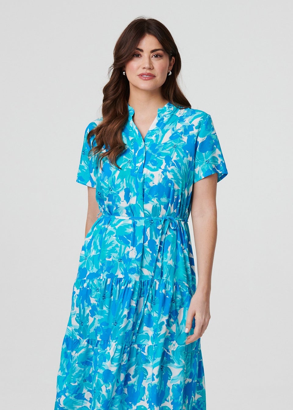 Izabel London Blue Printed Short Sleeve Tie Waist Midi Dress