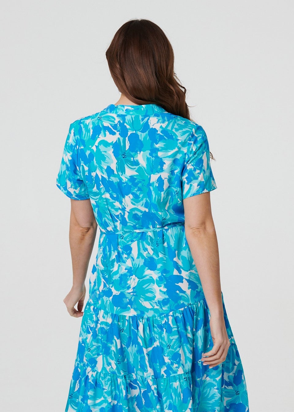 Izabel London Blue Printed Short Sleeve Tie Waist Midi Dress