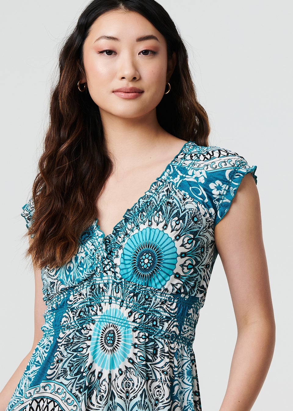 Izabel London Green Mosaic Print Cap Sleeve Empire Maxi Dress