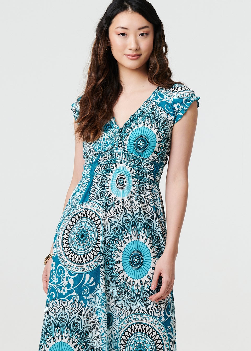 Izabel London Green Mosaic Print Cap Sleeve Empire Maxi Dress