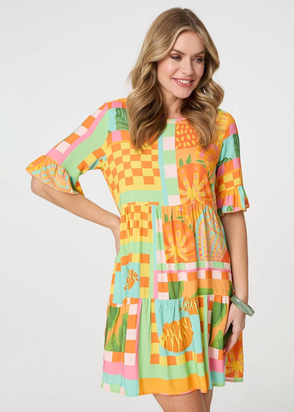Izabel London Orange Tropical Tile Print Smock Dress