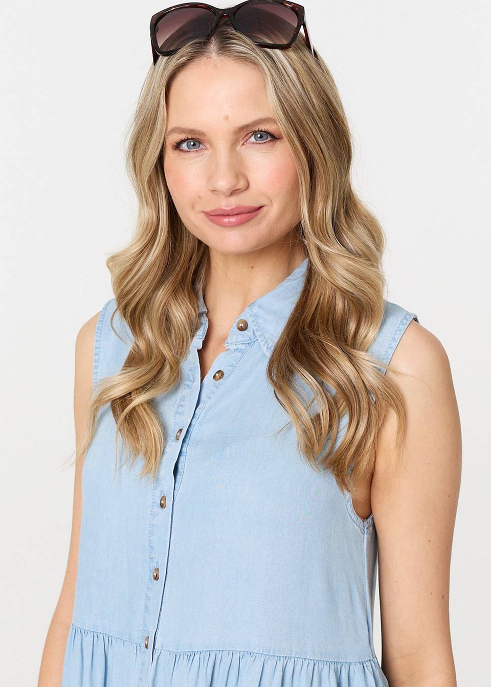 Izabel London Light Blue Sleeveless Tiered Shirt Midi Dress