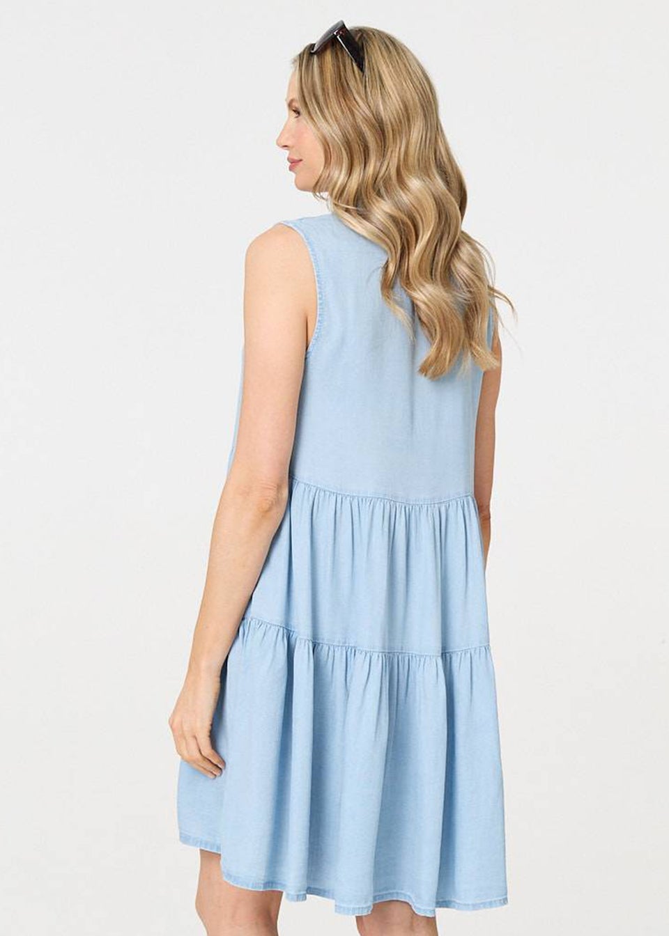 Izabel London Light Blue Sleeveless Tiered Shirt Midi Dress