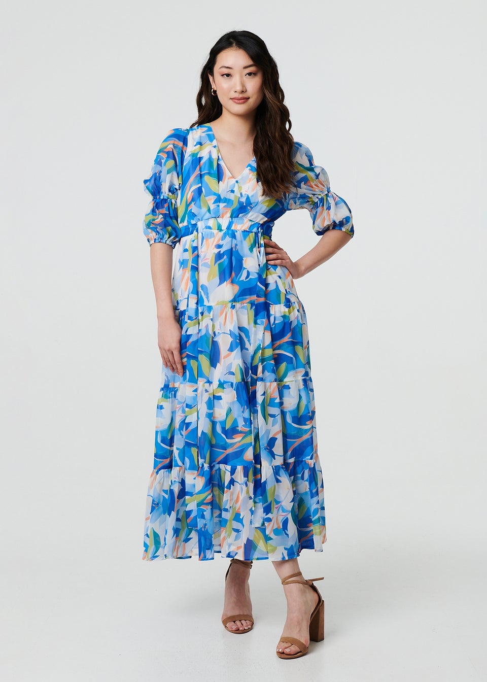 Izabel London Blue Abstract 3/4 Puff Sleeve Tiered Maxi Dress