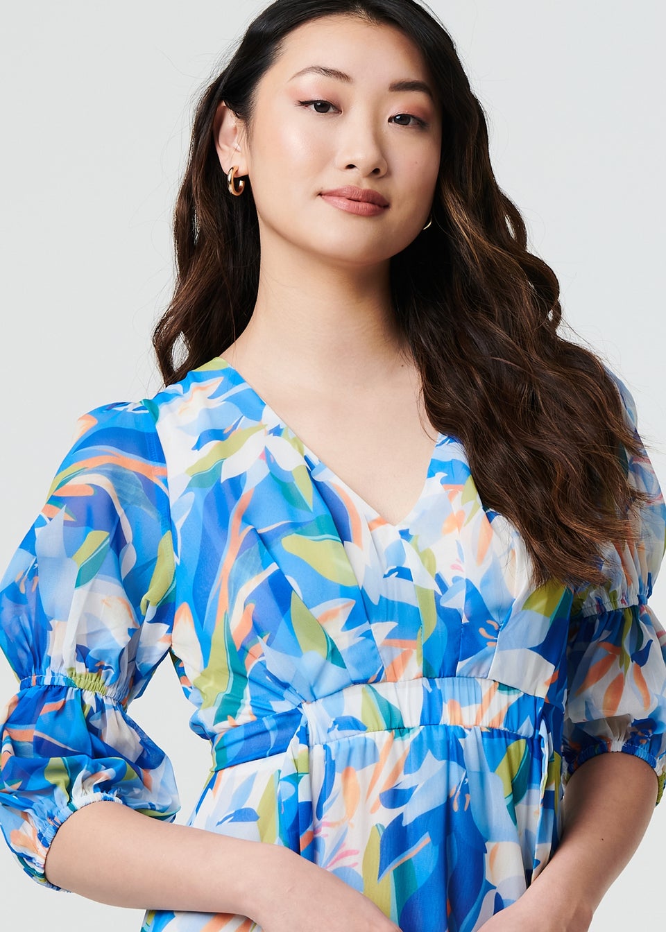 Izabel London Blue Abstract 3/4 Puff Sleeve Tiered Maxi Dress