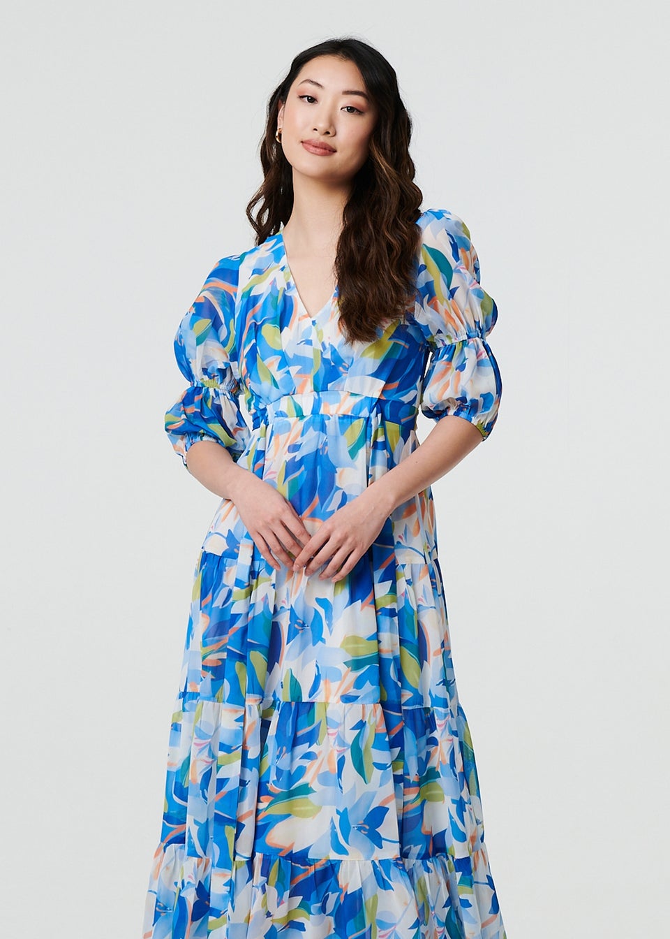 Izabel London Blue Abstract 3/4 Puff Sleeve Tiered Maxi Dress