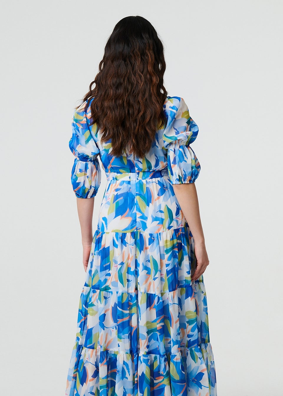 Izabel London Blue Abstract 3/4 Puff Sleeve Tiered Maxi Dress