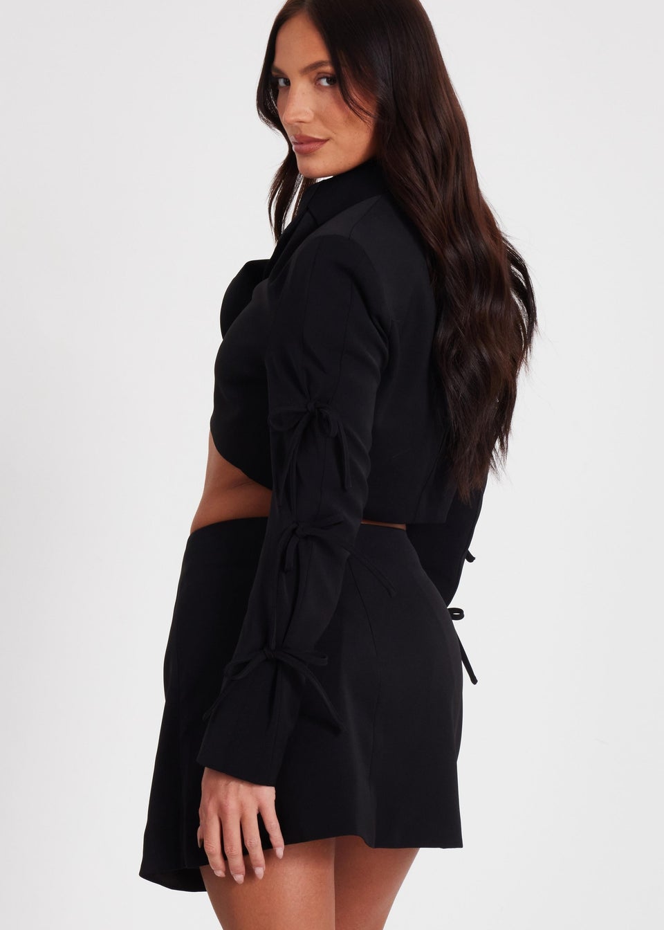 Quiz Black Tie Sleeve Cropped Blazer