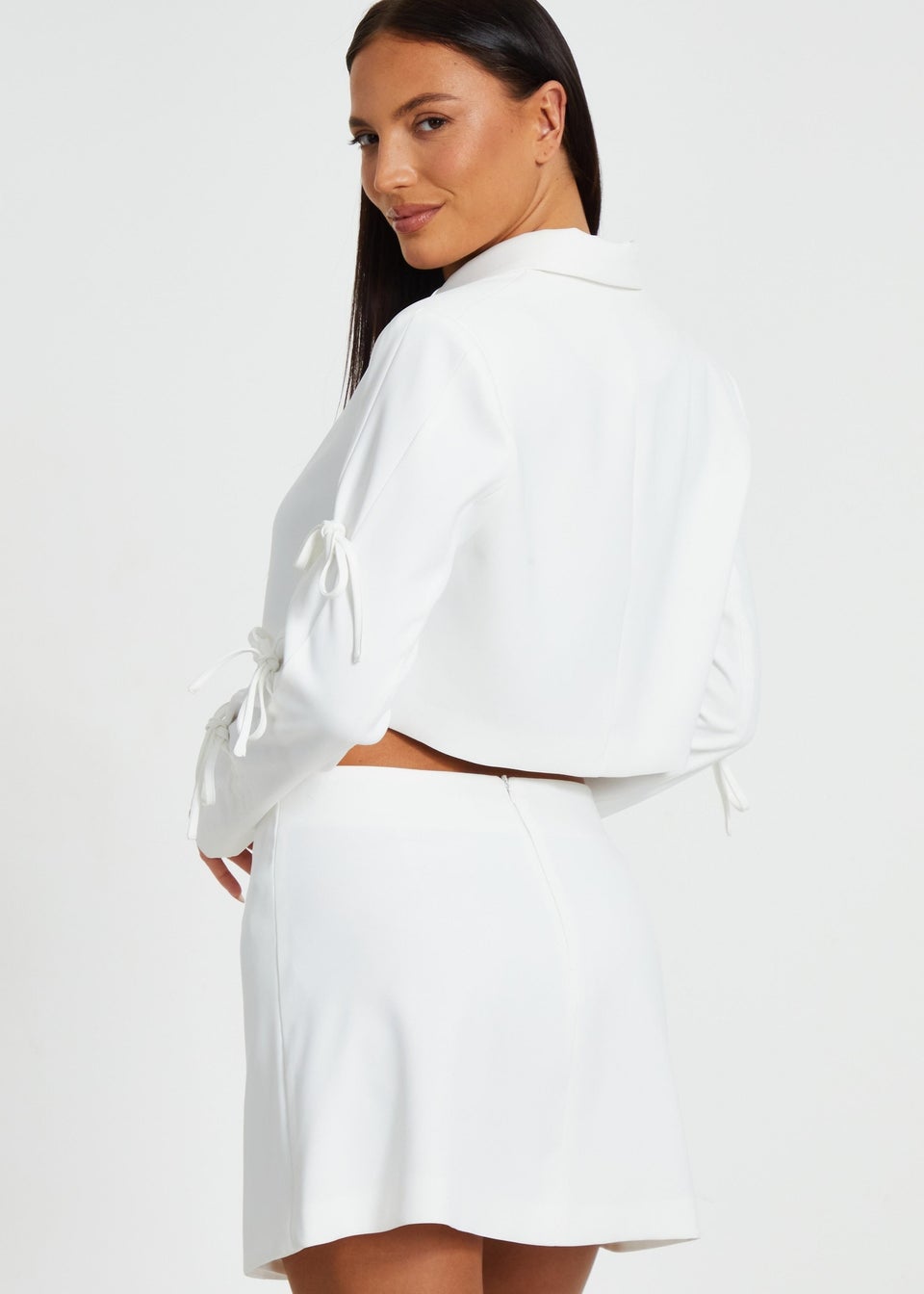 Quiz Cream Tie Sleeve Cropped Blazer