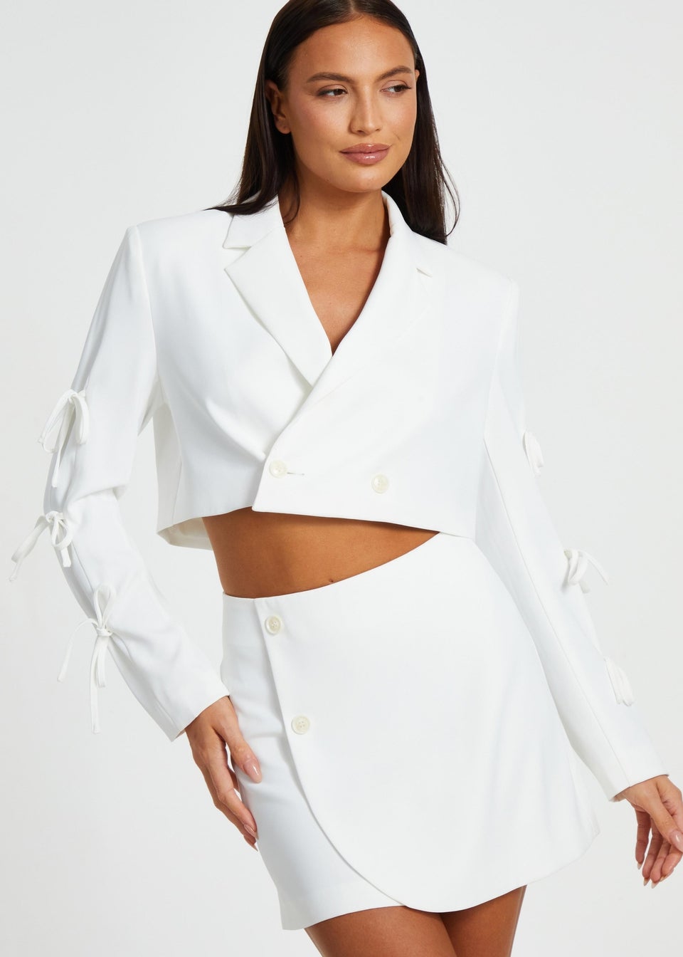 Quiz Cream Tie Sleeve Cropped Blazer