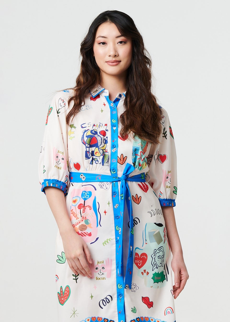 Izabel London White Abstract Tie Waist 3/4 Sleeve Shirt Midi Dress