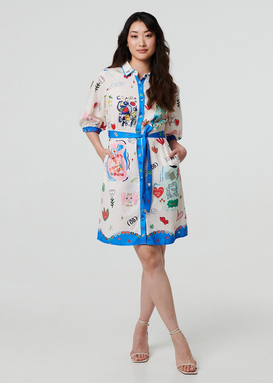 Izabel London White Abstract Tie Waist 3/4 Sleeve Shirt Midi Dress