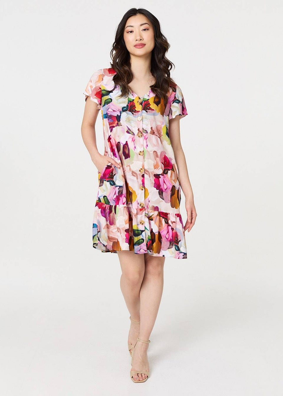 Izabel London Pink Brushstroke Floral V Neck Smock Dress