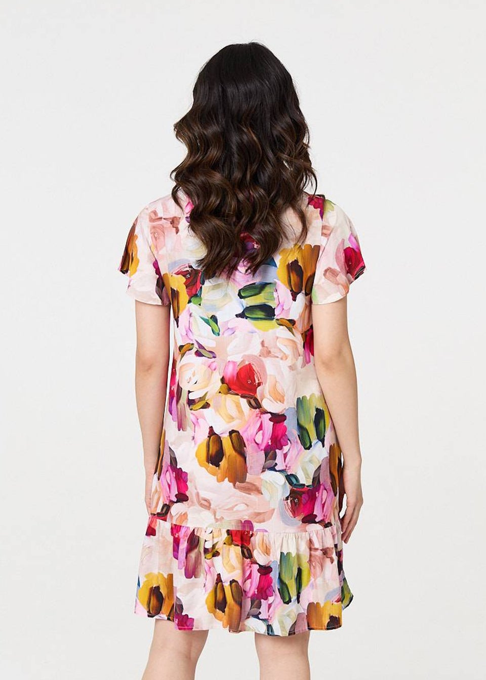 Izabel London Pink Brushstroke Floral V Neck Smock Dress