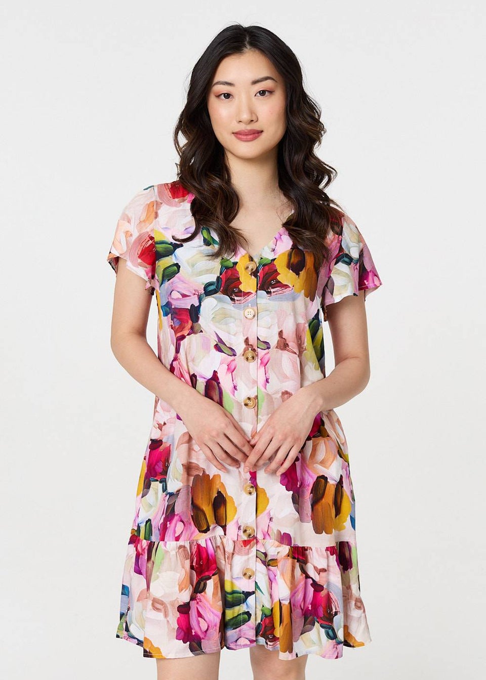 Izabel London Pink Brushstroke Floral V Neck Smock Dress
