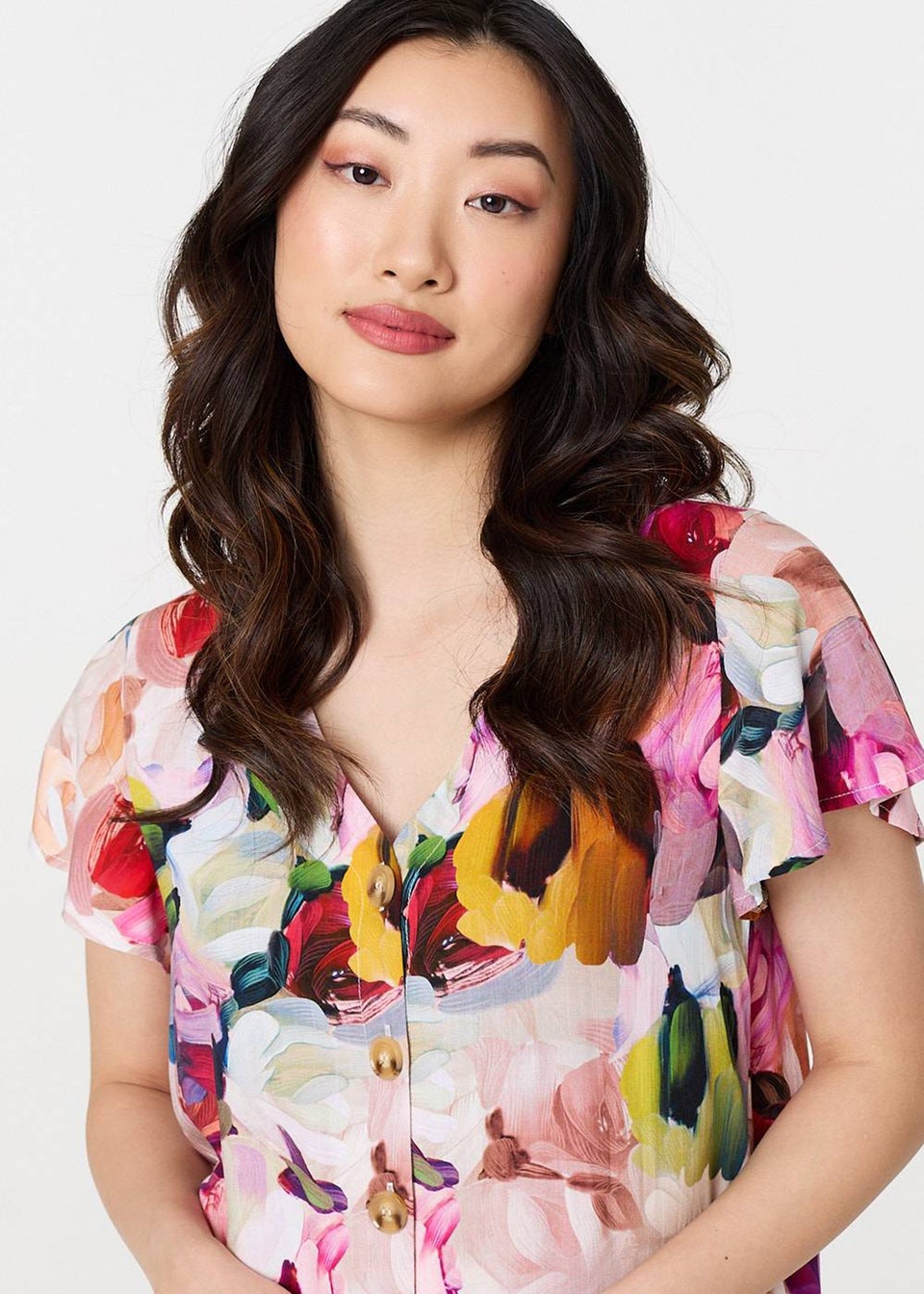 Izabel London Pink Brushstroke Floral V Neck Smock Dress