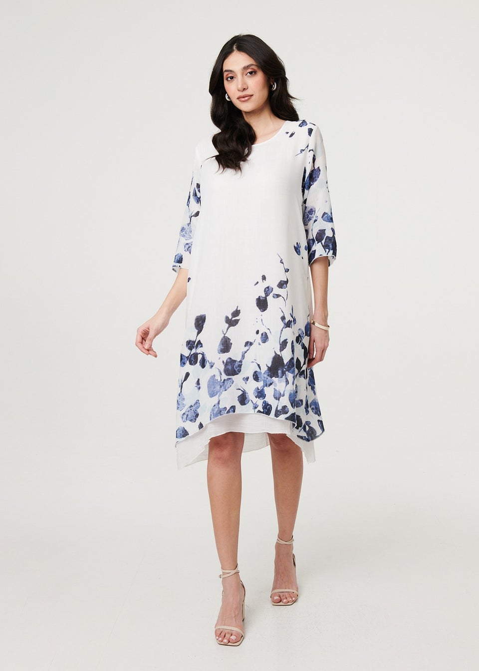 Izabel London Blue Floral 3/4 Sleeve Layered Hem Midi Dress
