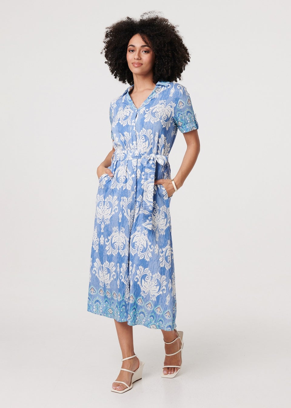 Izabel London Blue Ikat Print Tie Waist Midi Shirt Dress