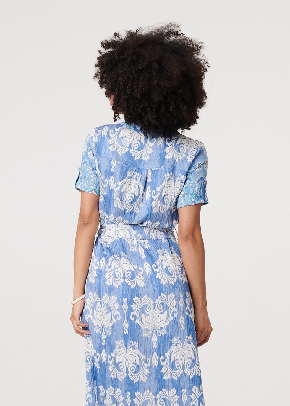 Izabel London Blue Ikat Print Tie Waist Midi Shirt Dress