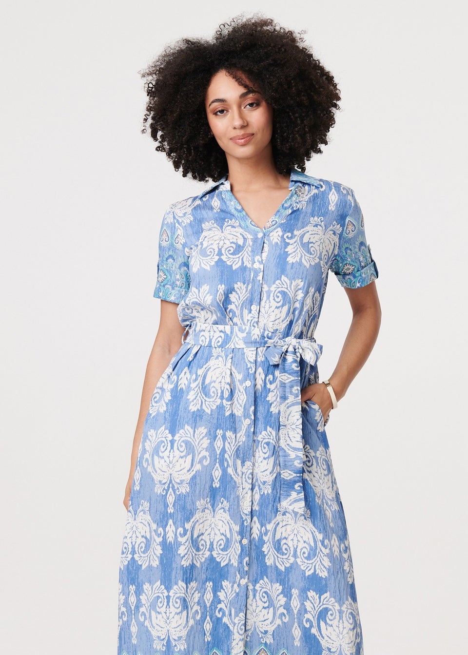 Izabel London Blue Ikat Print Tie Waist Midi Shirt Dress