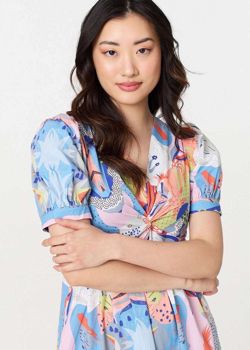 Izabel London Blue Abstract Ruched Front Empire Midi Dress
