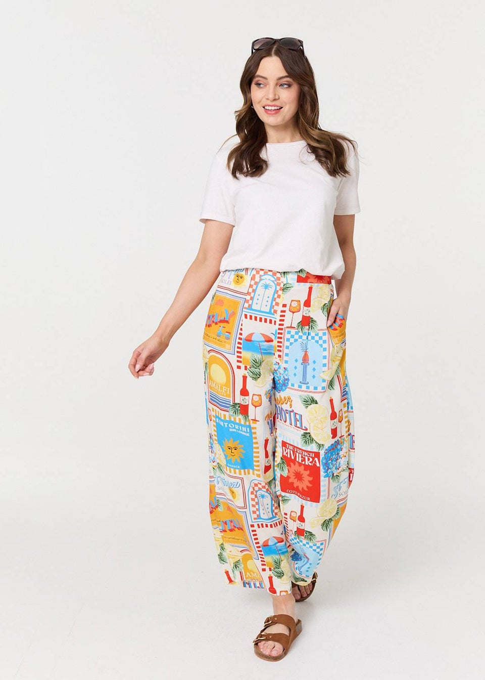Izabel London Orange Riviera Print Wide Leg Trousers