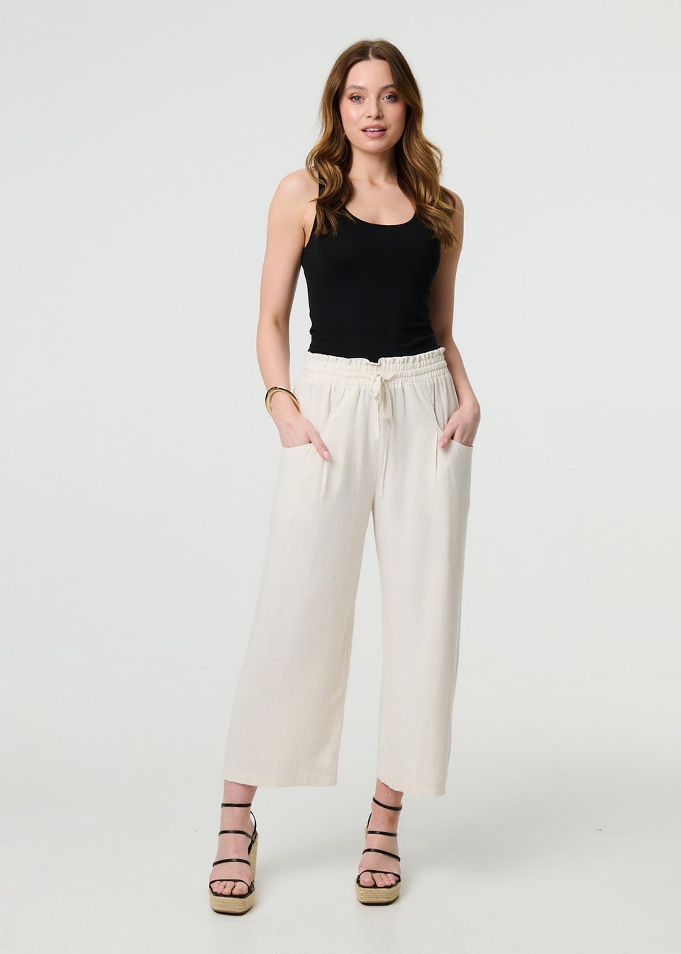 Izabel London Beige Elasticated Waist Crop Wide Leg Trousers
