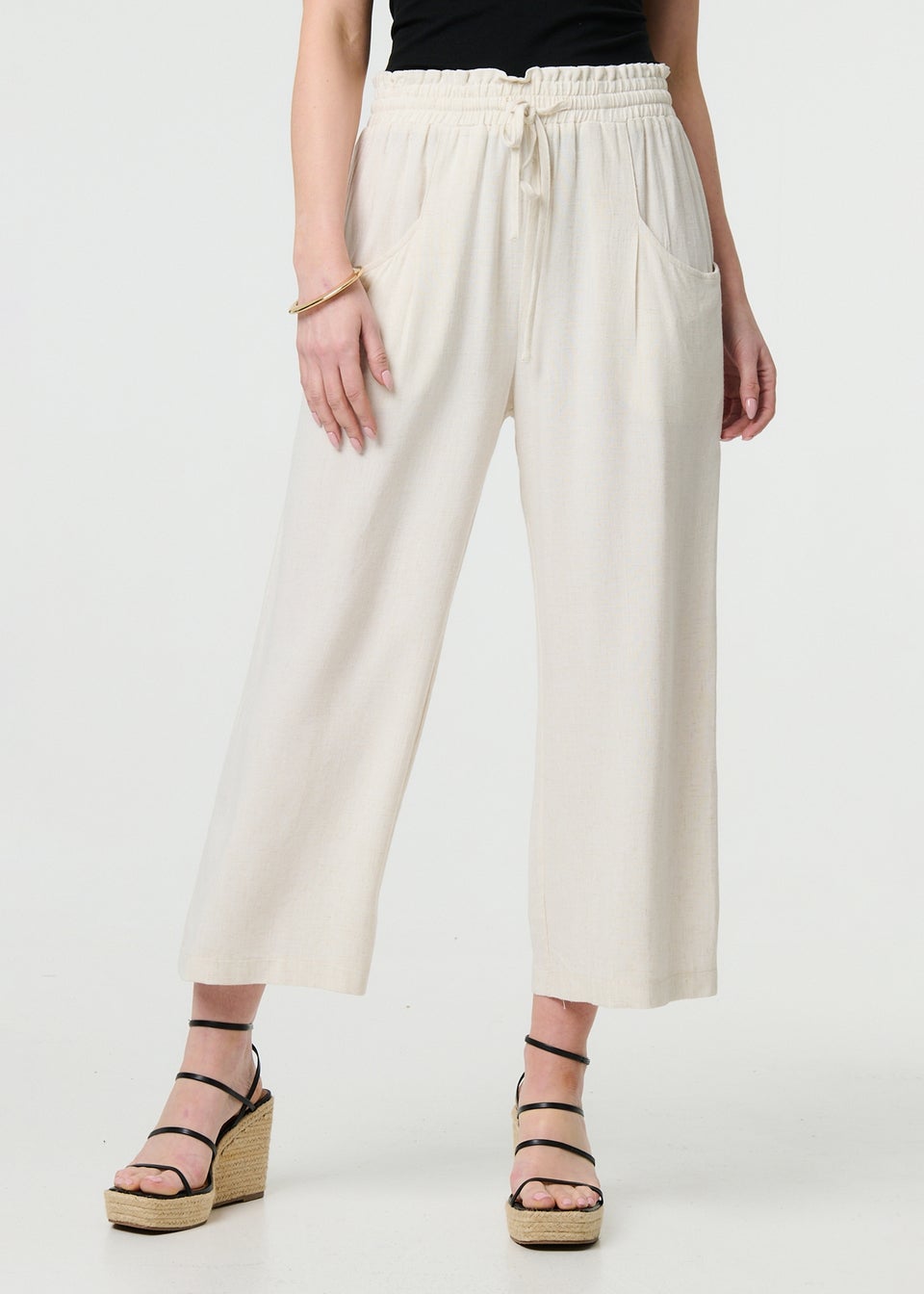 Izabel London Beige Elasticated Waist Crop Wide Leg Trousers