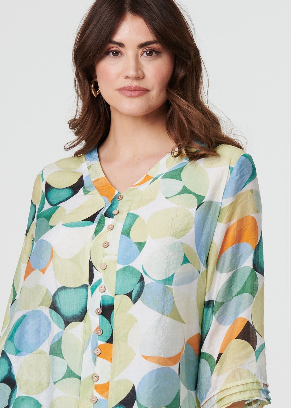 Izabel London Green Printed Curved Hem 3/4 Sleeve Blouse