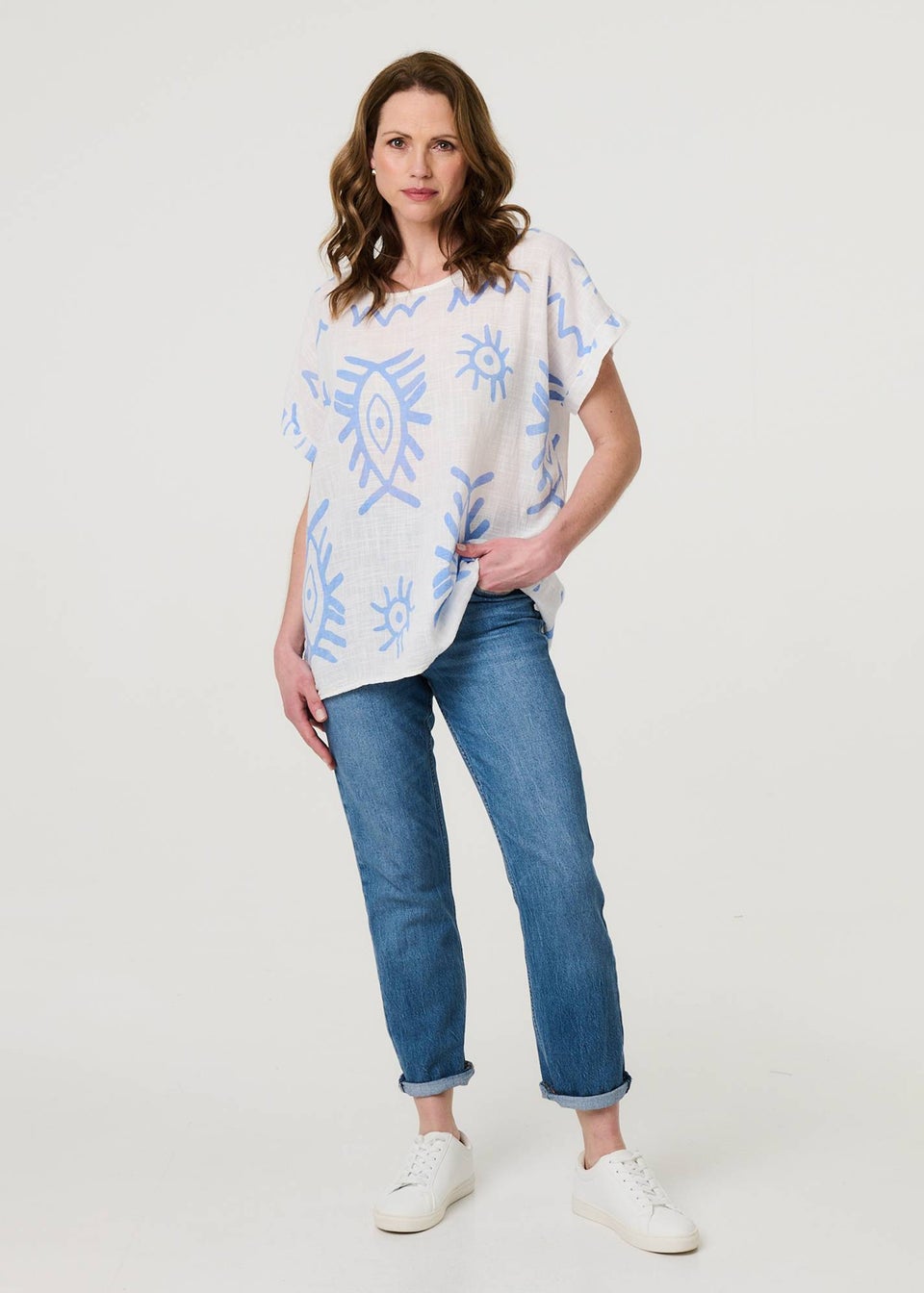 Izabel London Blue Printed Short Sleeve Relaxed Blouse