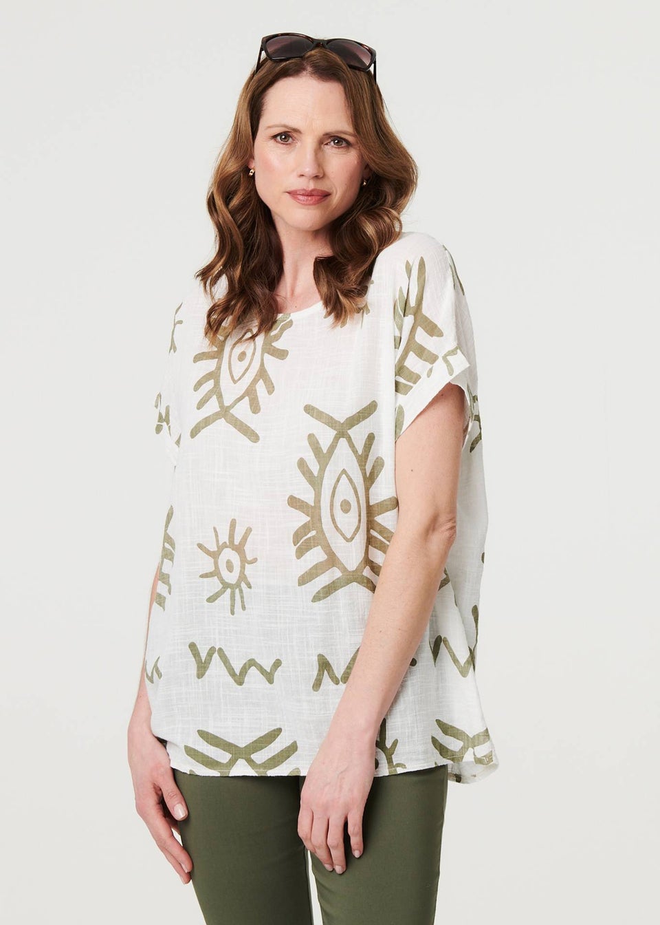 Izabel London Khaki Printed Short Sleeve Relaxed Blouse