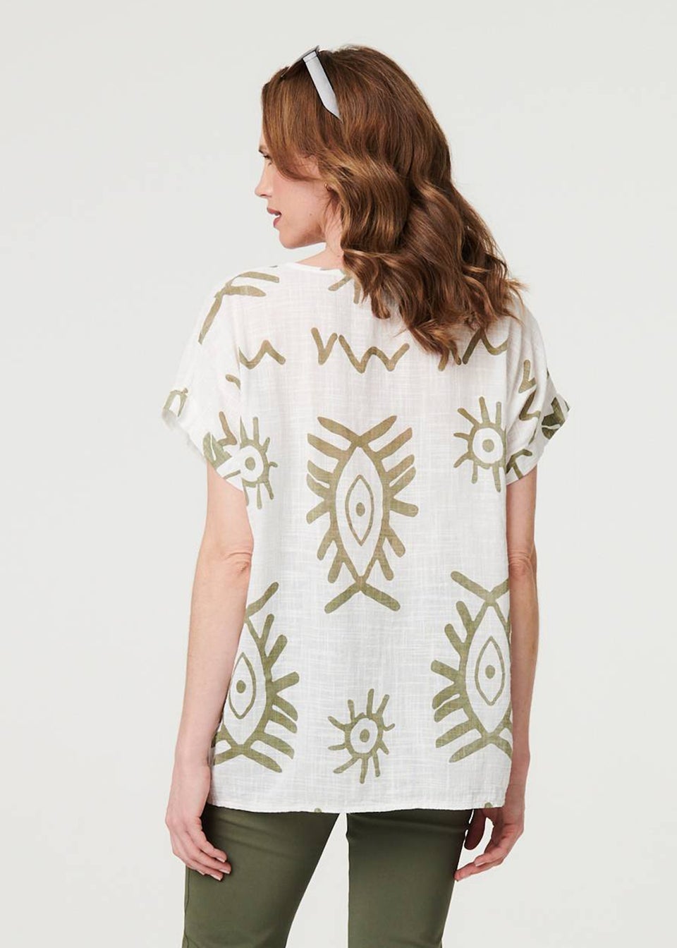 Izabel London Khaki Printed Short Sleeve Relaxed Blouse