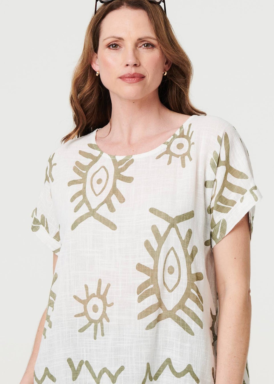 Izabel London Khaki Printed Short Sleeve Relaxed Blouse