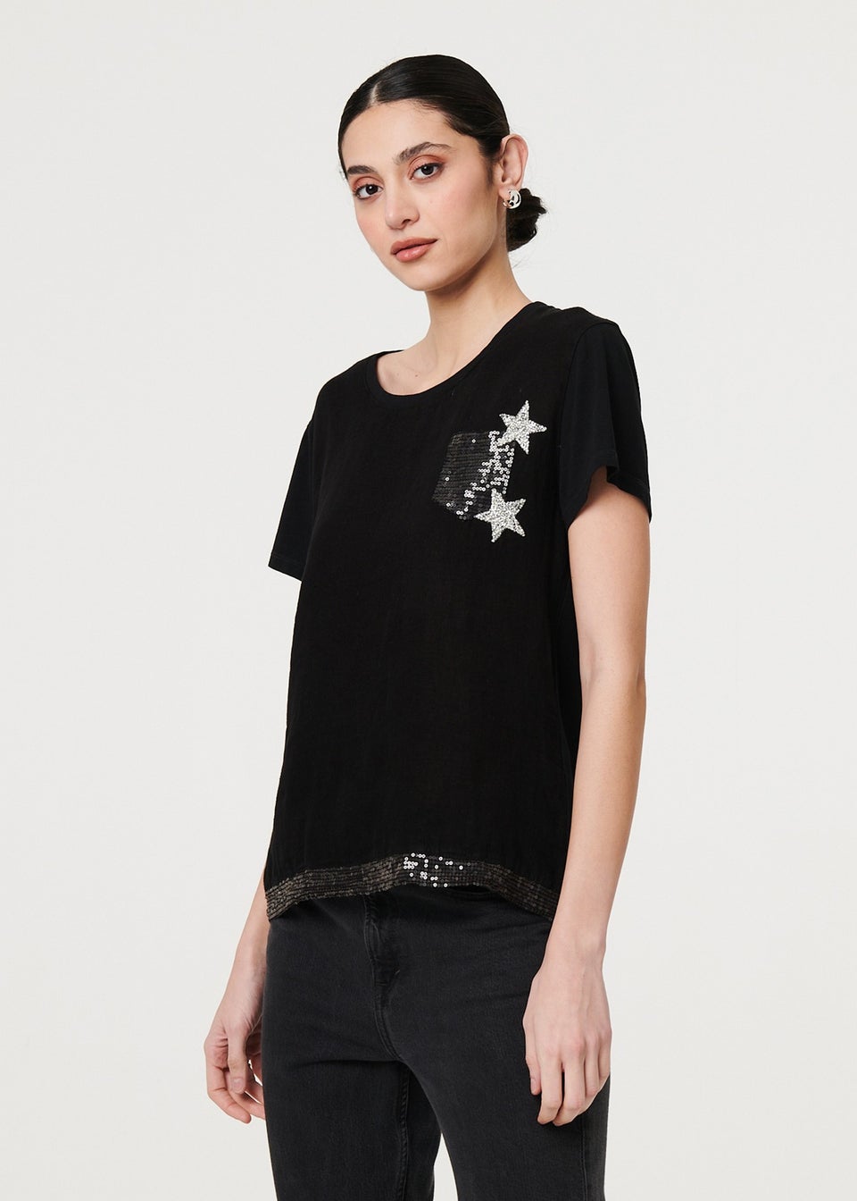 Izabel London Black Metallic Star Detail Relaxed T Shirt