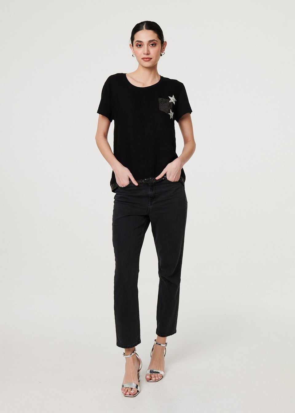 Izabel London Black Metallic Star Detail Relaxed T Shirt