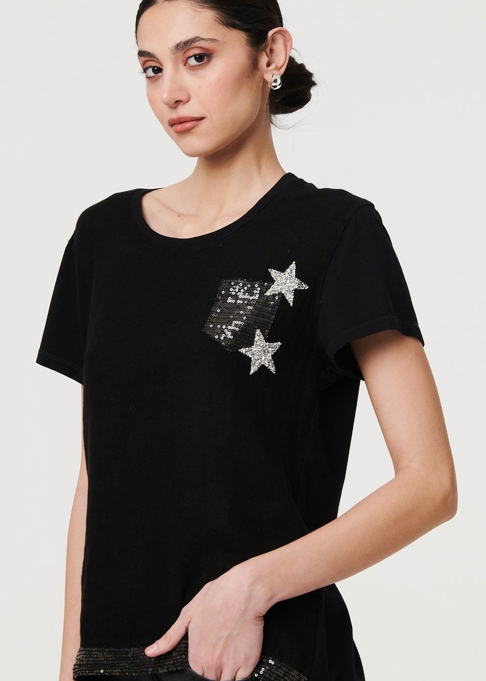 Izabel London Black Metallic Star Detail Relaxed T Shirt