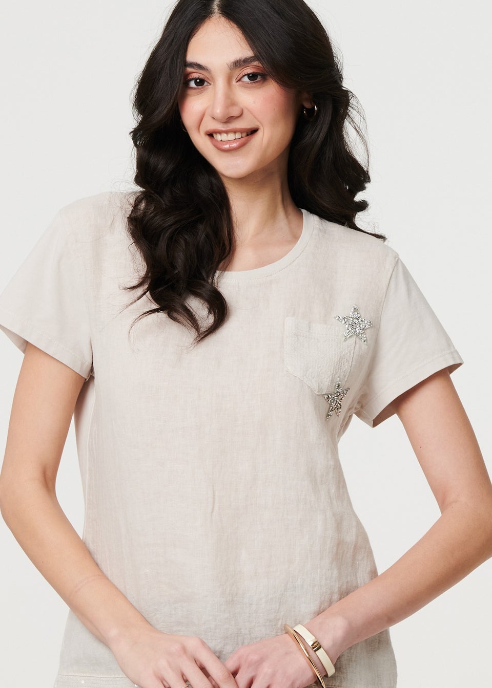 Izabel London Beige Metallic Star Detail Relaxed T Shirt