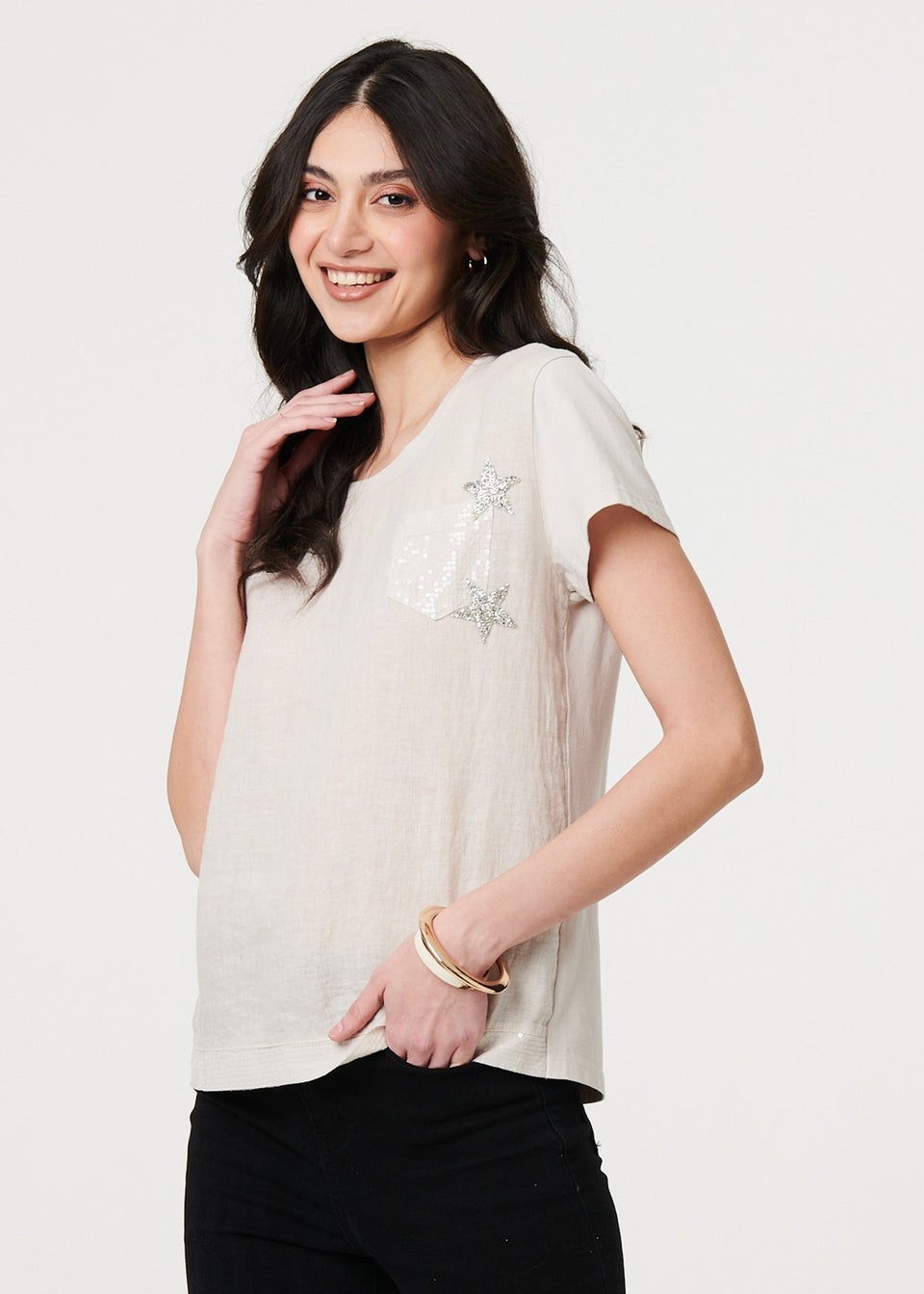 Izabel London Beige Metallic Star Detail Relaxed T Shirt